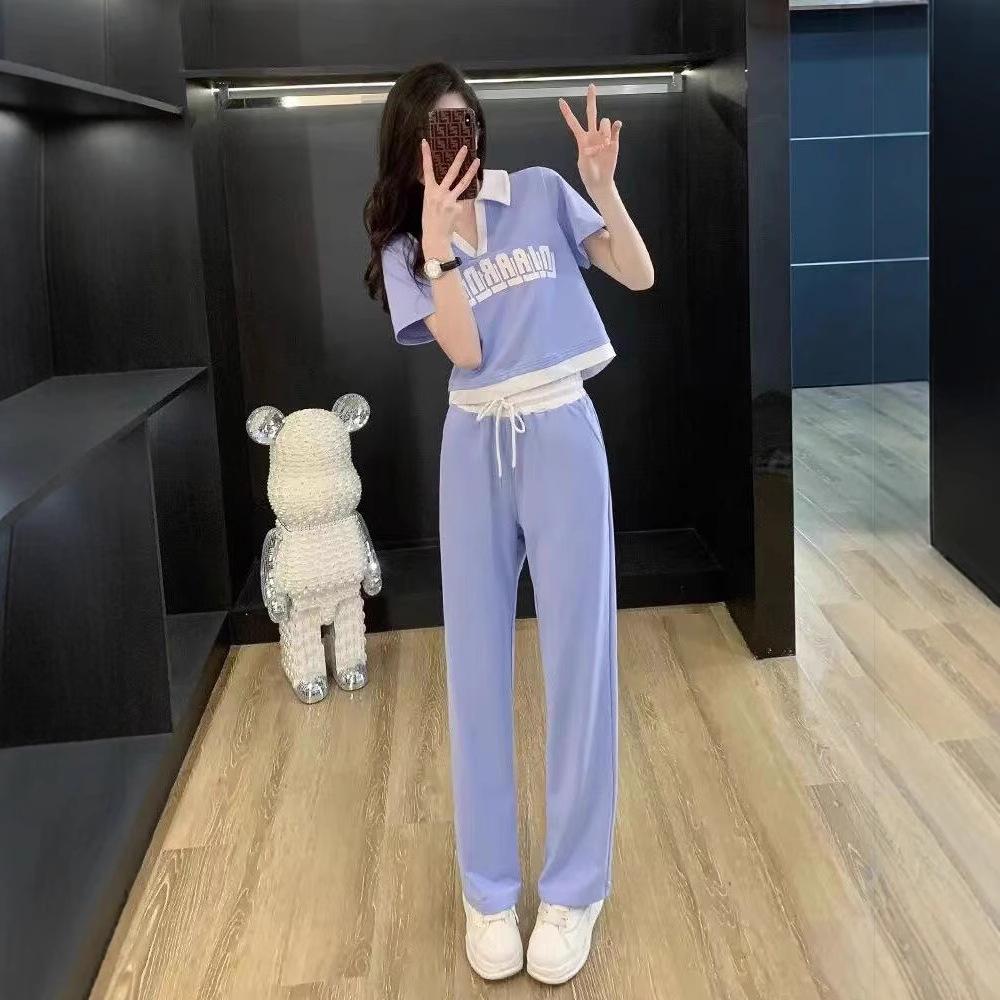 Fashion Casual Suit for Women Summer Sweet and Spicy Polo Collar Short-sleeved Top Drapey Trousers Two-piece Set