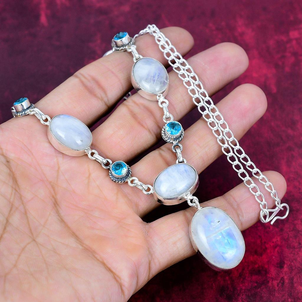 Moonstone & Blue Topaz Necklace Gemstone Jewelry, 925 Solid Sterling Silver Necklace, Handmade Jewelry Birthstone Necklace, Gift For Him