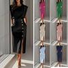 European and American Fashion Royal Sister Style Solid Color Round Neck Waist Split Metal Buttons Summer Dress Women