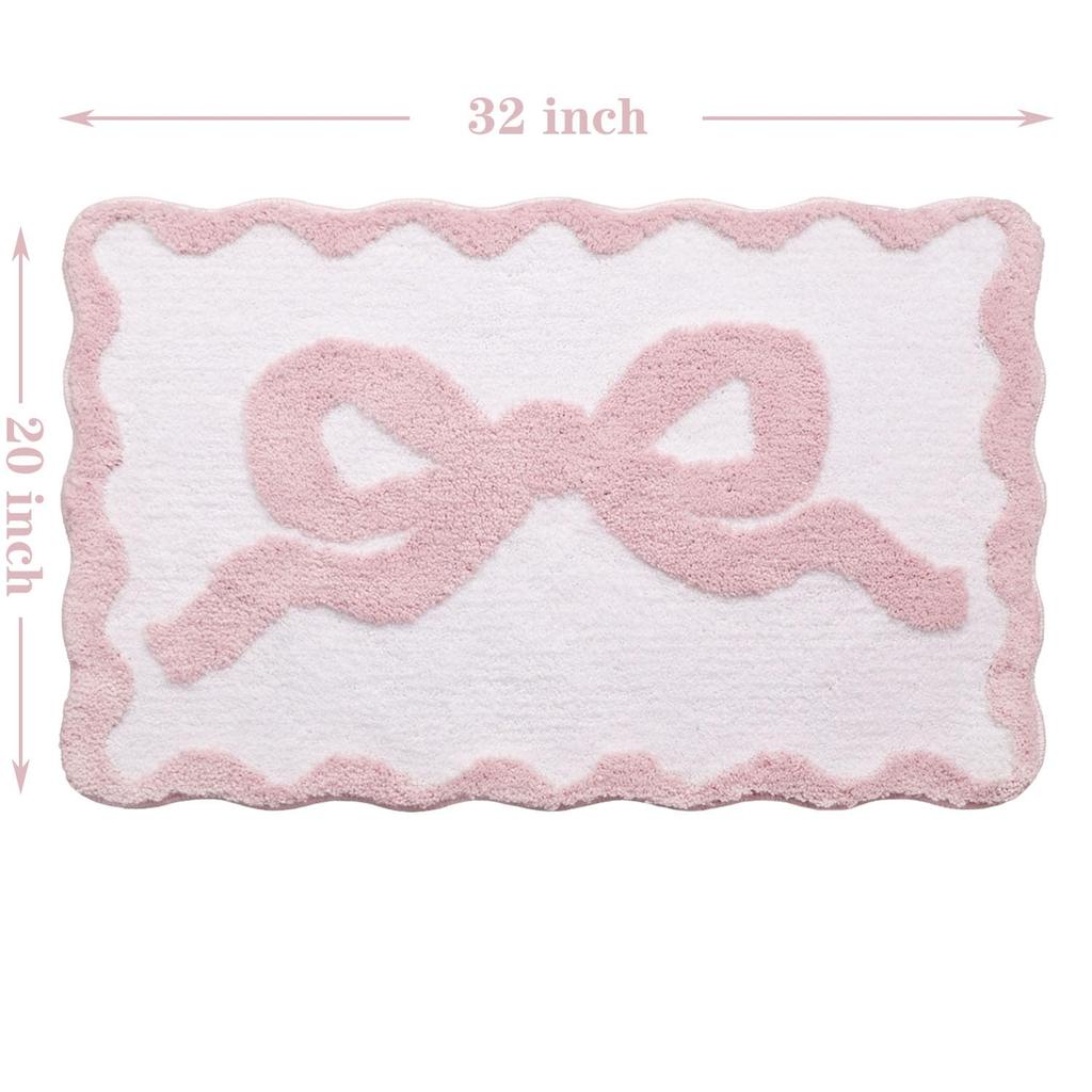 1pcs Pink Bow Bath Mat for Bathroom  Cute Preppy Rugs with Scalloped Edges, Soft Microfiber, Ultra Absorbent, Non-Slip