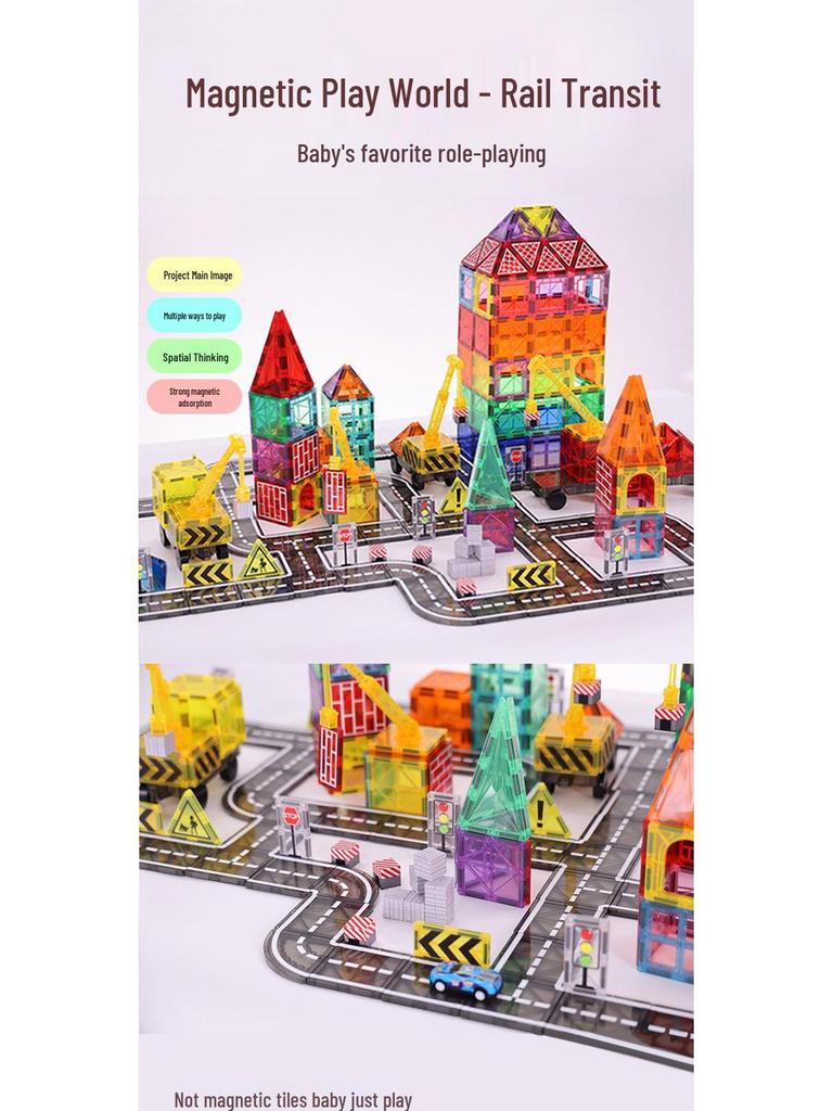 Yuelebo Magnetic Building Blocks: City Traffic & Architecture Set with Crane and Stained Glass Tiles