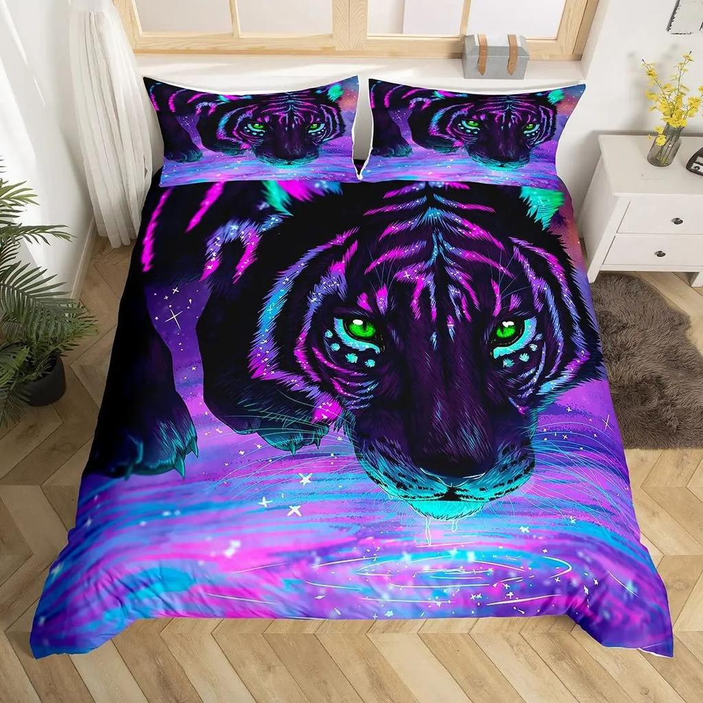 Tiger Duvet Set Full Size Tropical Wildlife Themed Bedding Three-Piece Set