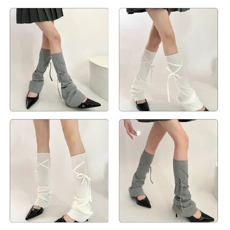Women Harajuku Solid Color Flared Leg Warmers Lace Up Bandages Leg Sleeves Cover Footless Wide Leg Long Socks Streetwear