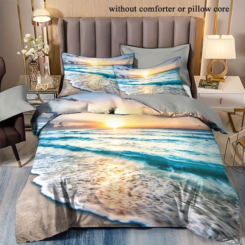 Summer Beach Sunset 3D Art Duvet Cover Set, Breathable Polyester, Zip Closure, Machine Washable - Perfect for All Seasons