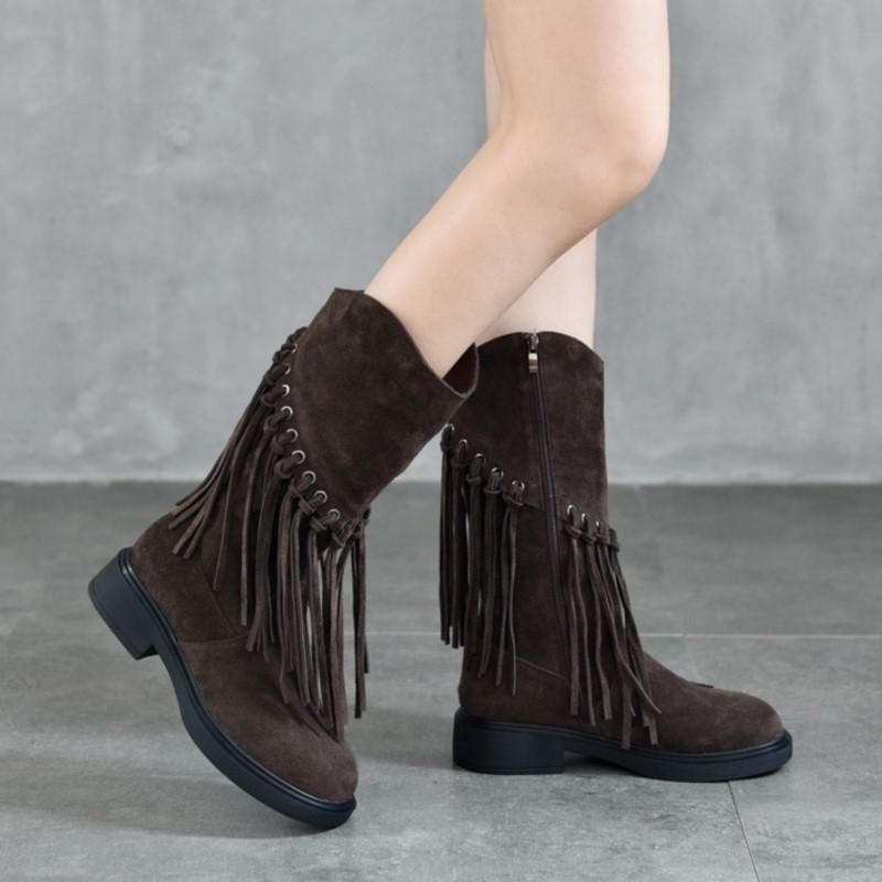 Johnature Retro Echtleder Mid-Calf Stiefel Modische Vielseitige Mittel Absatz Damen Quastenstiefel