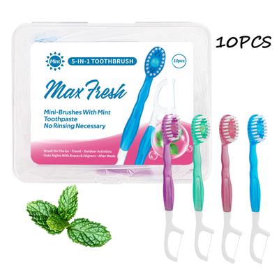 10pcs Disposable Mini Travel Toothbrushes, 5-in-1 Pre-Pasted Mini-Brush+Floss+Pick+Tongue Scraper, Prepasted On The Go Toothbrush for Travel