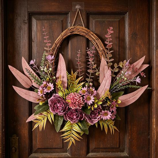 16 Inch Artificial Rattan Wreath with Flowers Lifelike Faux Hydrangea Wreath for Spring Summer Indoor Outdoor Home Wall Porch Farmhouse Decor