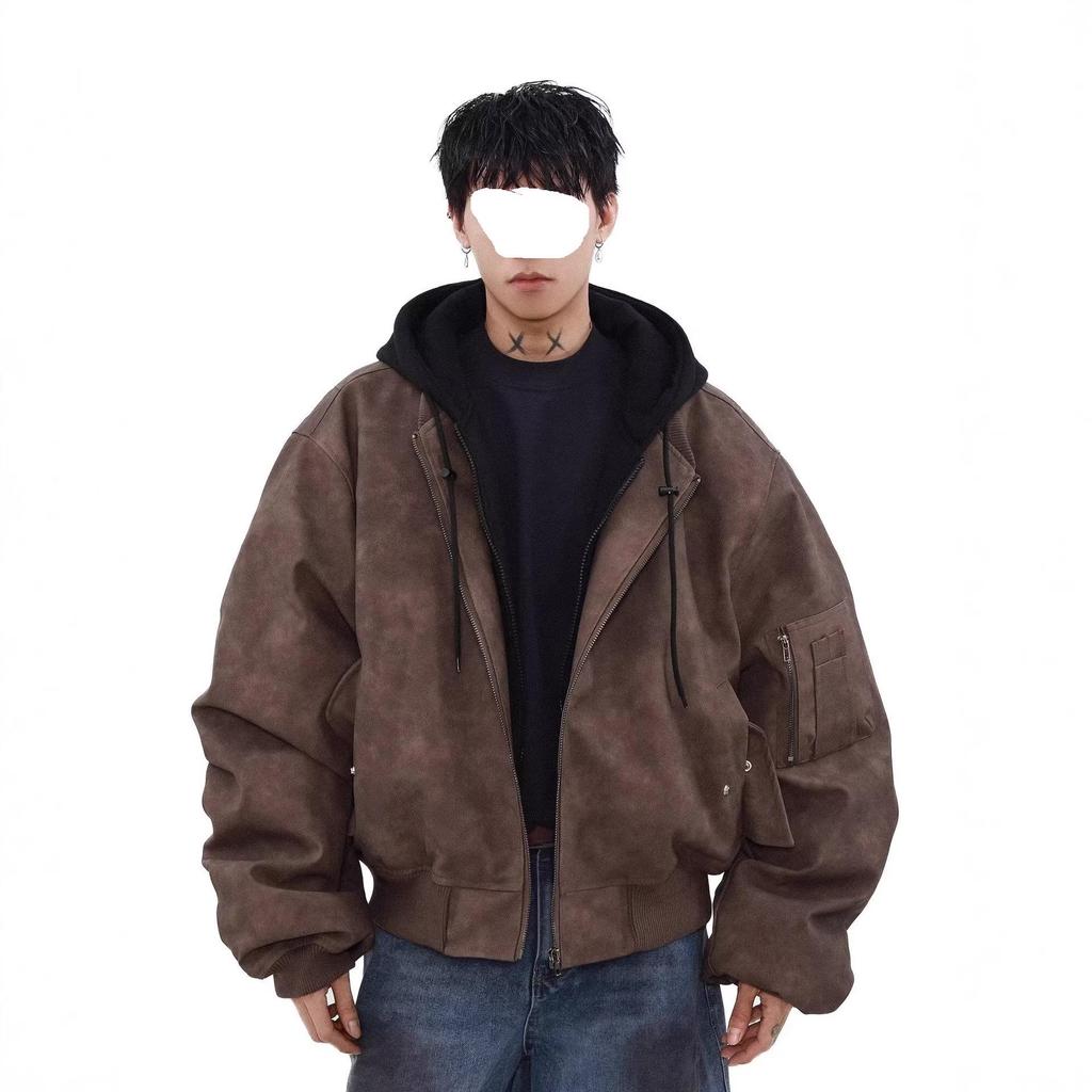 2026 Spring/Autumn Men's Trendy Loose Hooded Jacket - Fake Two-Piece, High Street Style