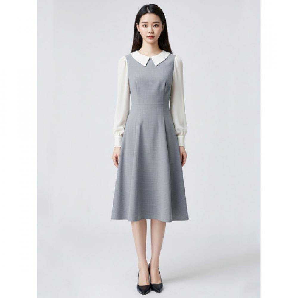 Shop   Women S Collared Feminine blouSe Layered Long dreSS Gray Egg Wdr 20777