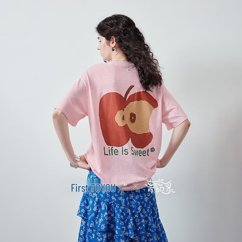Chuyu Qingcongquan Women s Loose Fit Apple Print T-Shirt XL