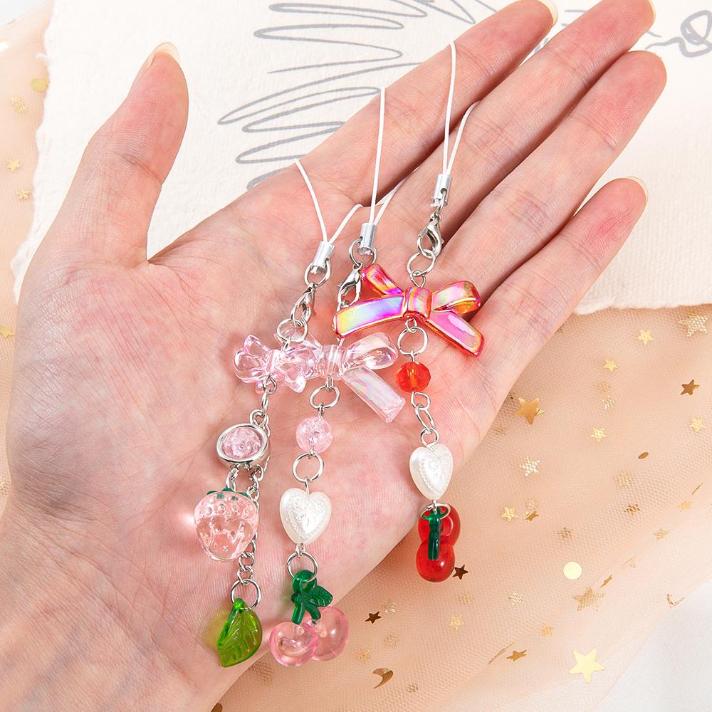 1Pc Phone Charm Pendant Cute Kawaii Pink Bowknot Keychain Bag Phone Strap Girl Cellphone Lanyard Keyring Birthday Jewelry DIY