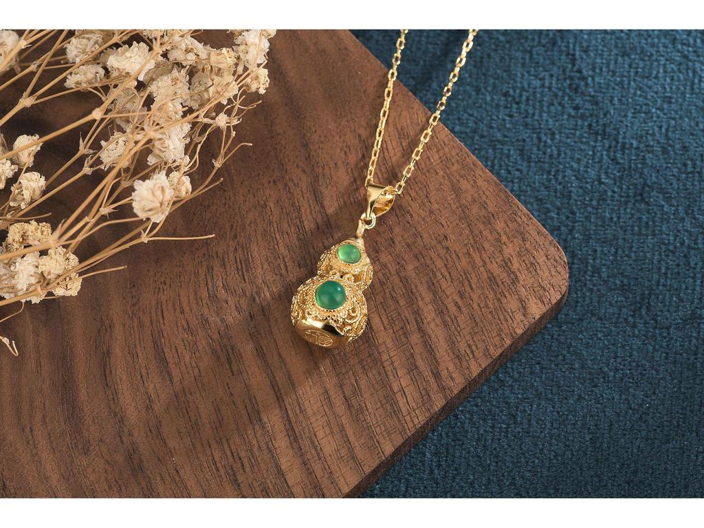 Ethnic Design Chalcedony Gourd Necklace, 24K Gold-Plated Copper