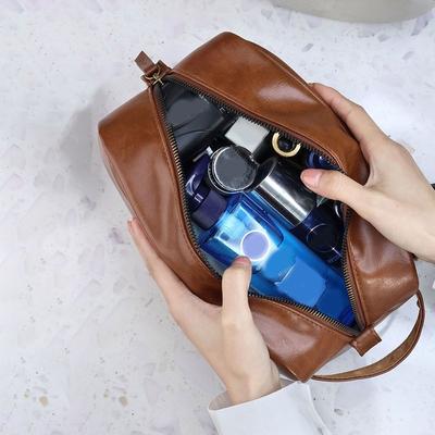 Multi Pocket Heren Leer Wassen Tas Rits Handheld Cosmetische Opbergtas Waterdicht Grote Capaciteit Make-up Etui Zakenreizen