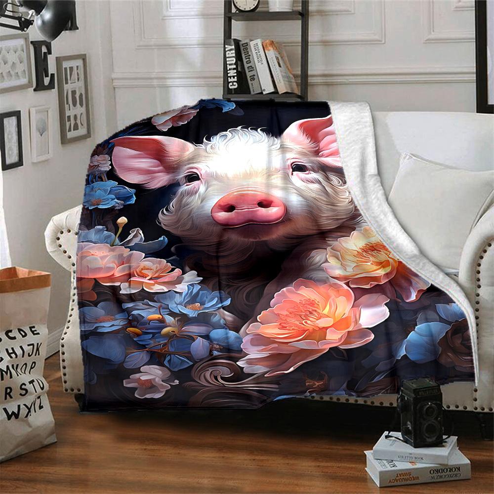 1pc Pig Floral Print Blanket Lightweight Flannel Blanket Throw Blanket For Sofa, Bed, Travel, Camping, Livingroom, Office, Couch, Chair, And Bed Yy251