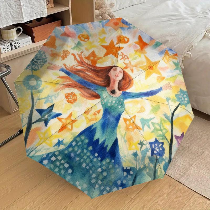 

1pc Star Flowers Automatic Folding Umbrella, Heavy Duty 8 Rib Iron Frame, Suitable for Travel, Daily Use, Birthday, Decor Gift 27