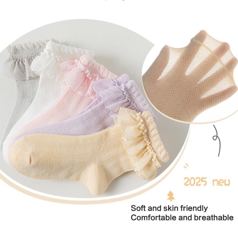 5 Paar weiche & atmungsaktive Baumwoll-Knöchelsocken für Kleinkinder, Wadenlange Socken-Set für Mädchen, mit stilvollem Rüschen-Design