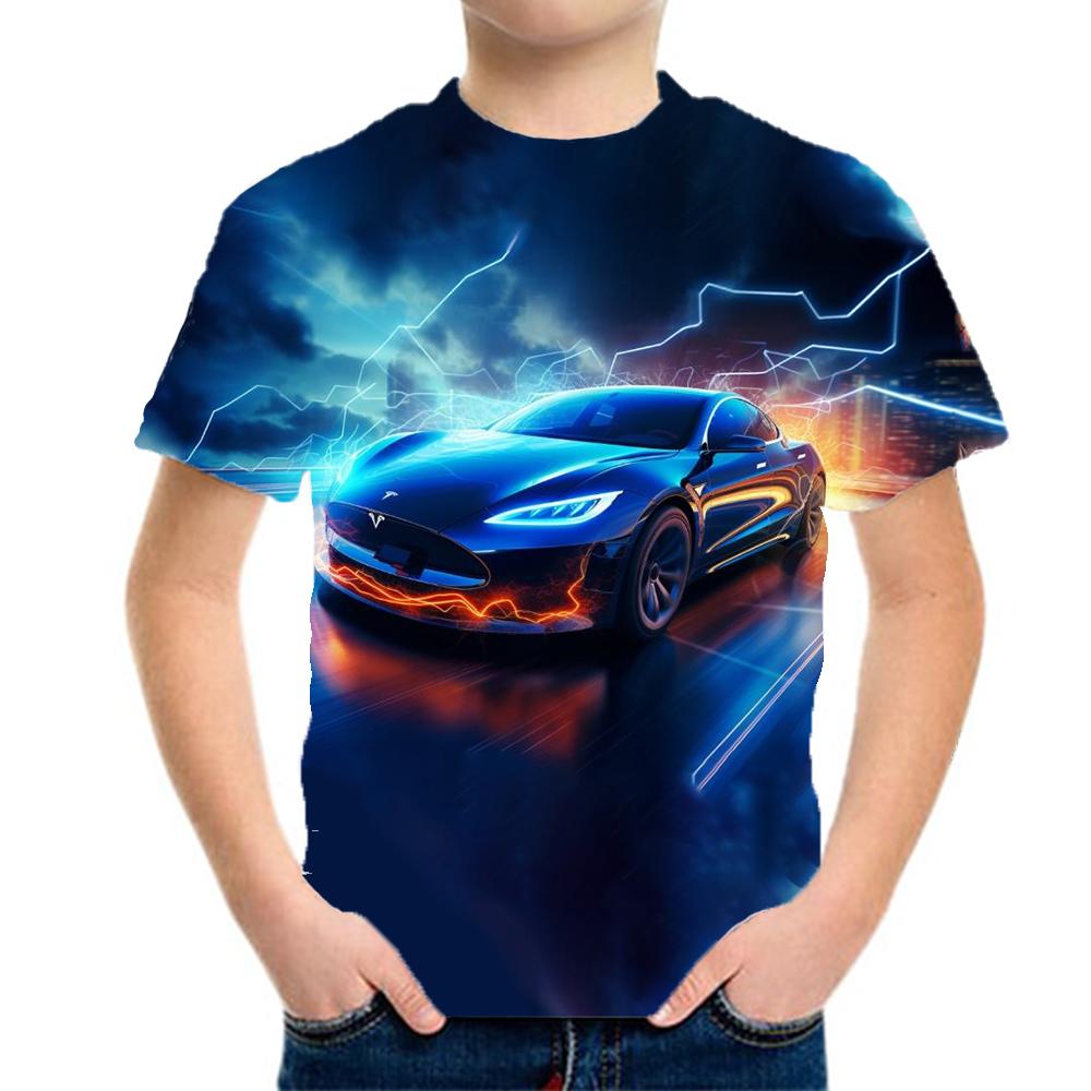 Boys' clothing, racing patterns, children's T-shirts, short sleeved children's clothing, 3D fashion clothing, boys' and children's summer clothing