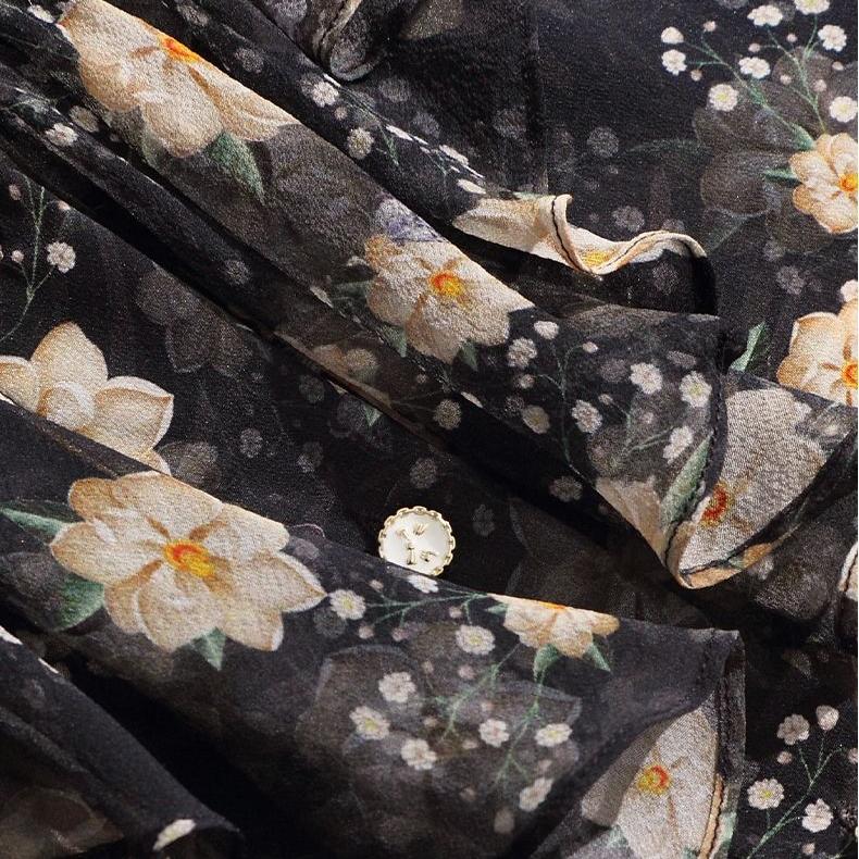 Fashionable French Style Chiffon Long-sleeved Blouse with Ruffle Hem for Women