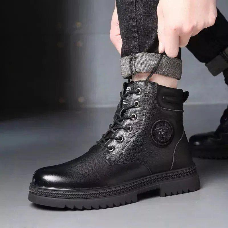 Leather winter cotton shoes men's warm wool piled thickened casual high-top shoes men's non-slip men's shoes