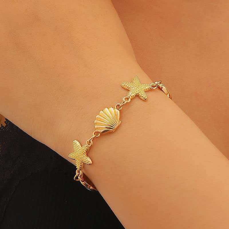 Gold Plated Starfish & Shell Jewelry Set, Ocean Themed Necklace, Earrings & Bracelet for Women