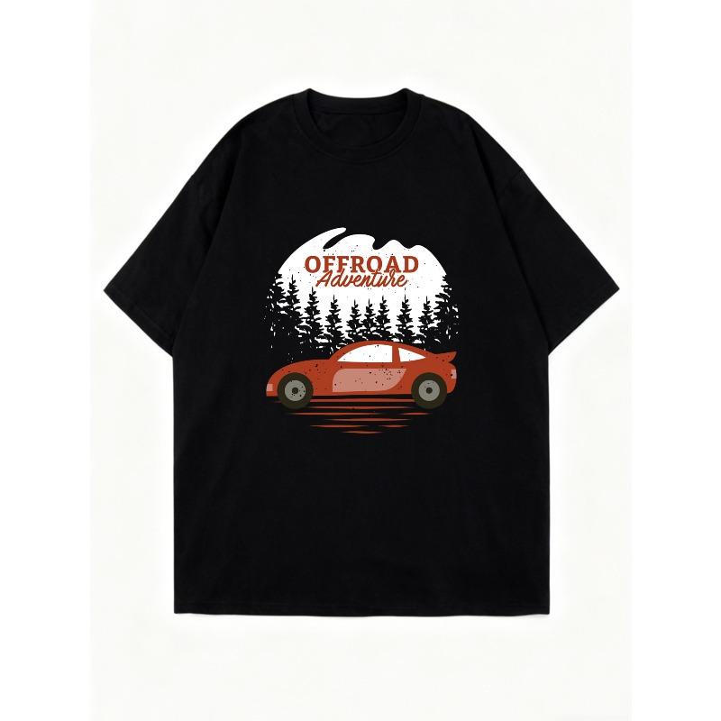 Oversized T Shirt Black Offroad Adventure Car And Pine Trees Print For Outdoor Activities