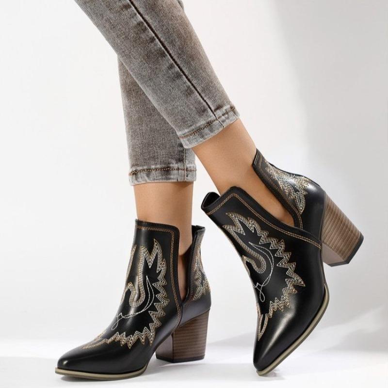 Printed Embroidery Pointed Square Heel Chelsea Boots Autumn New Short Tube Style Women's Boots Women