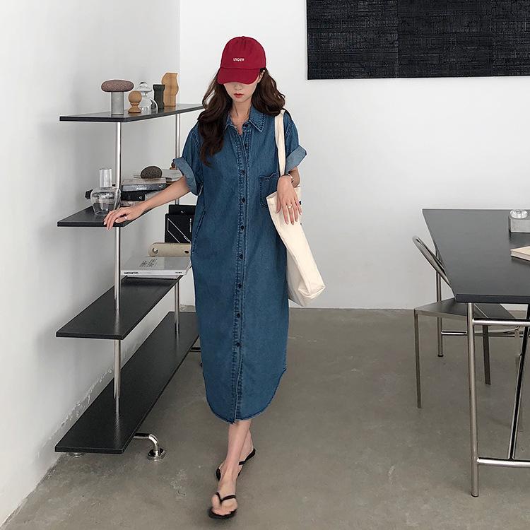 Women's Retro Slim Denim Shirt Dress - Korean Style Casual Short Sleeve, Age-Reducing 2021