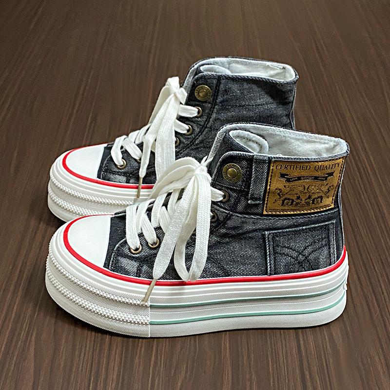 

Джинсовые высокие кеды женские весенние туфли на толстой подошве 2025 новая обувь ins трендовые универсальные нишевые повседневные туфли 35