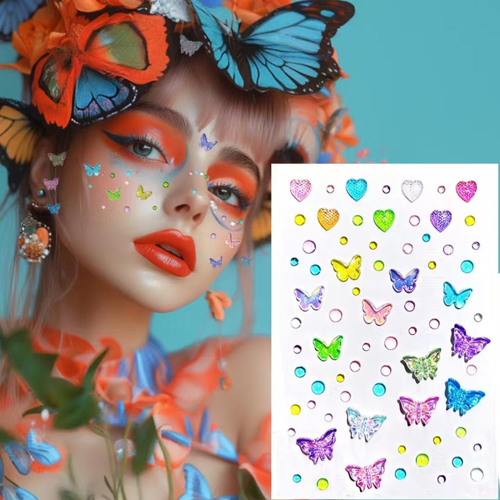 Multi-Color Rhinestones Glittery Stickers Love Butterflies Makeup DIY Eyes Face Jewels Stickers Suitable for Dance Performances Parties Stage Cosplay