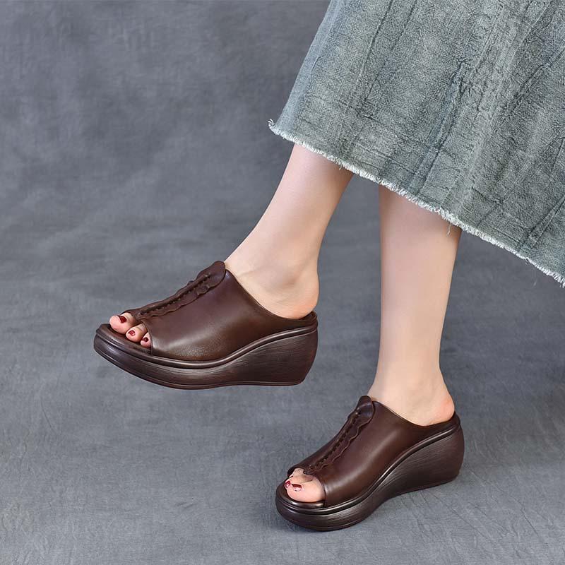 Fashion Retro Style Fish Mouth Premium Genuine Leather Slippers 2025 New Summer Outdoor Slippers Wedges Elegant Women Sandals