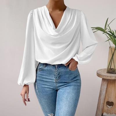 Camisa feminina de chiffon, drapeado, gola alta, mangas lanterna, pulôver, cor sólida, ajuste solto, top de deslocamento, uso diário