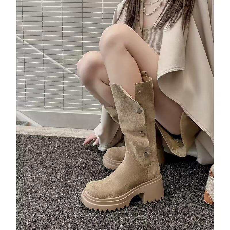 

[8 см огромная высота дисплея] Толстоподошвенные высокие сапоги, небольшое увеличение роста, рыцарские сапоги средней длины голенища, женские сапоги вестерн со складками 40 абрикосовый