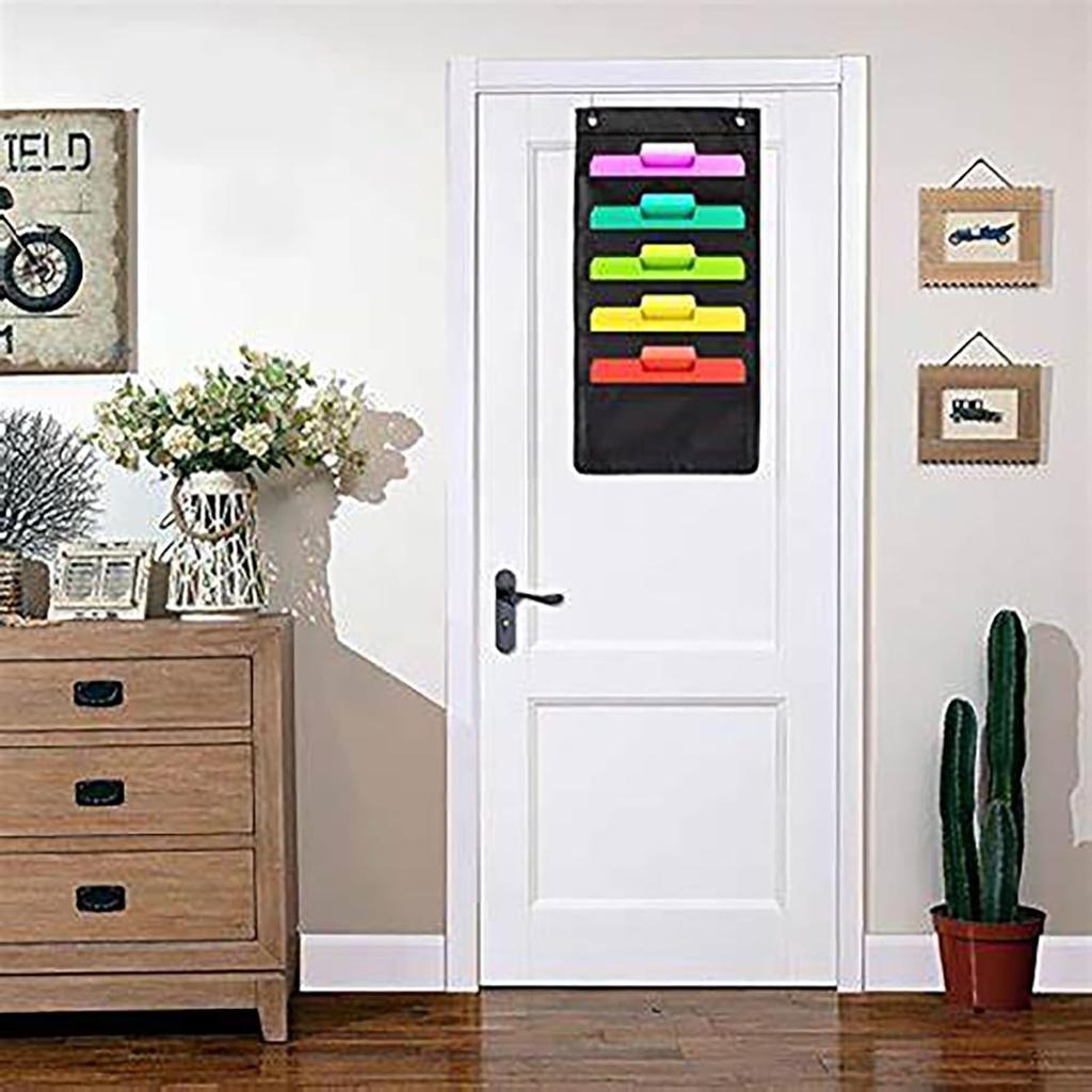 Hanging Wall File Organizer, 5 Pocket, Black Wall Storage Pocket Charts with 2 Hangers, Oxford Cloth Storage Pocket, Over The Door File Organizer,