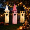 D422 Halloween Light up Witch Hat Ghost Tassel Hanging Ornament Glowing Front Porch Door Pendant for Holiday Outdoor Decor