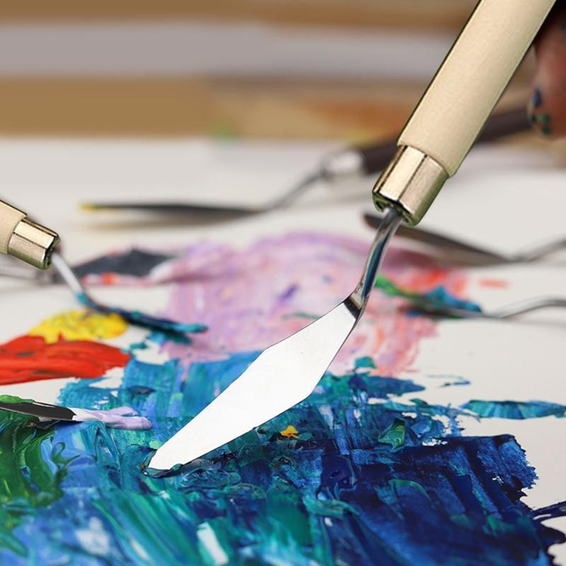 Sada stěrek a paletových nožů Paletové nože Dřevěná rukojeť Nerezová čepel Míchací škrabka pro olejomalbu a akrylovou malbu 7x