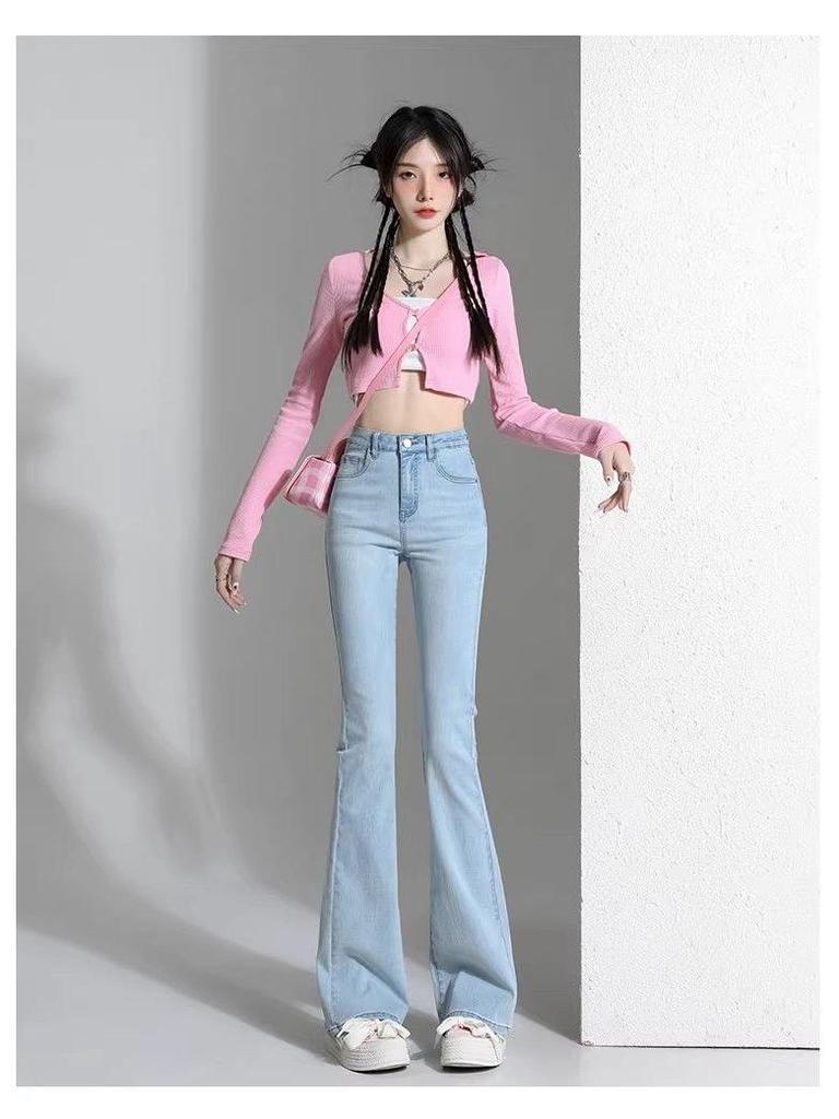 Women's High Waist Light Blue Retro Flare Jeans - Petite Stretch Skinny Fit