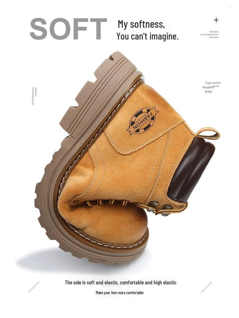 Men's High-Top Warm Genuine Leather Martin Boots - Yellow, Casual Outdoor Hiking & British Work Style for Autumn/Winter