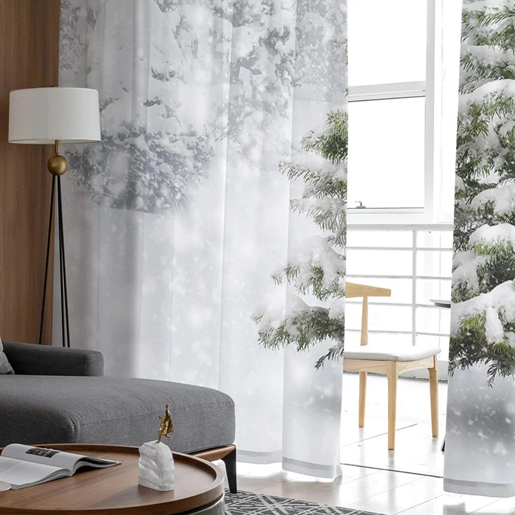 Christmas Snow Land Tree Snowflake TCurtains For Living Room Bedroom Kitchen Decoration Window Tulle Curtain