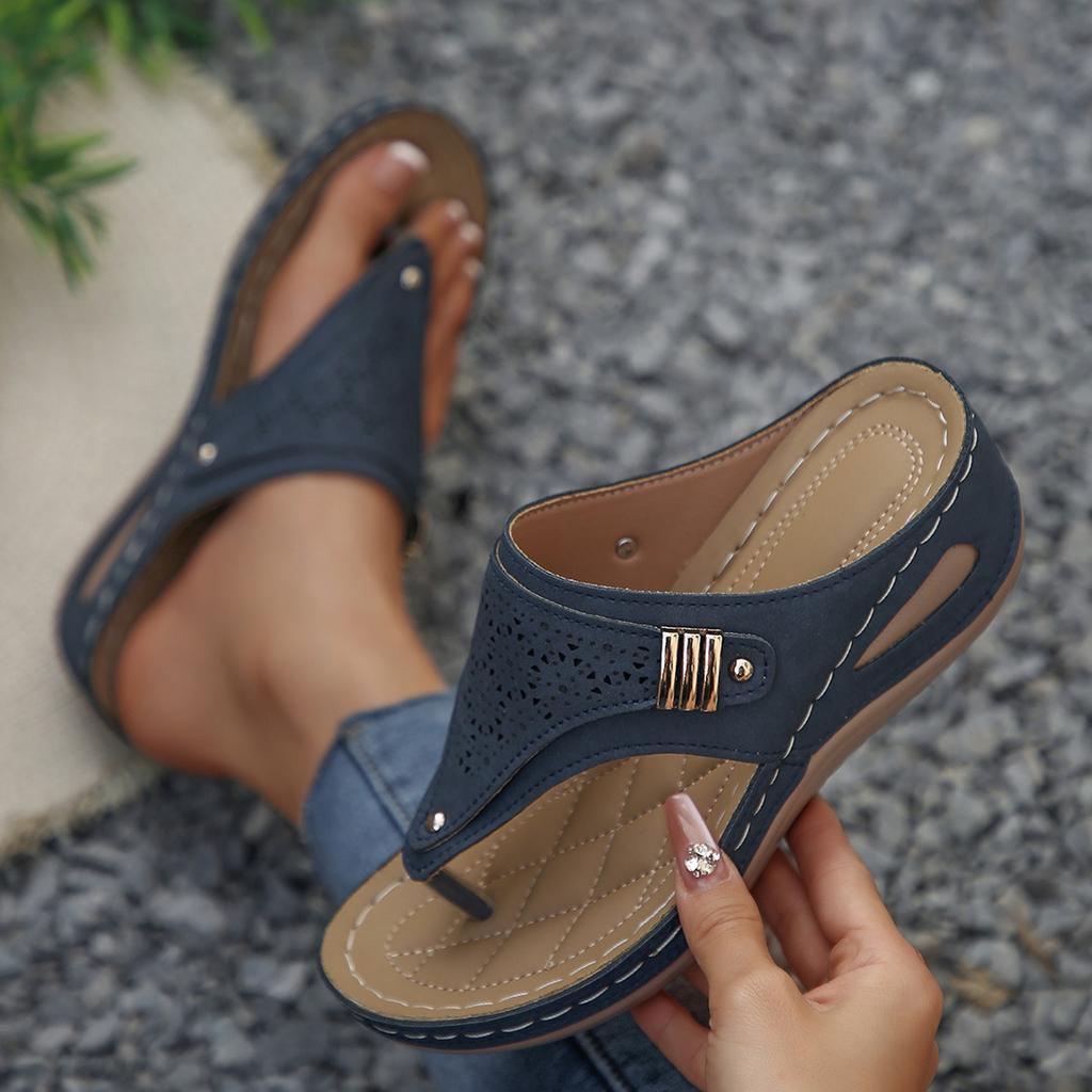 Flip Flops Women's Hollow Out Wedge Summer  Wedge Sandals Clip Toe Orthopedic Sandals Woman Pu Leather Non-Slip Soft Slippers