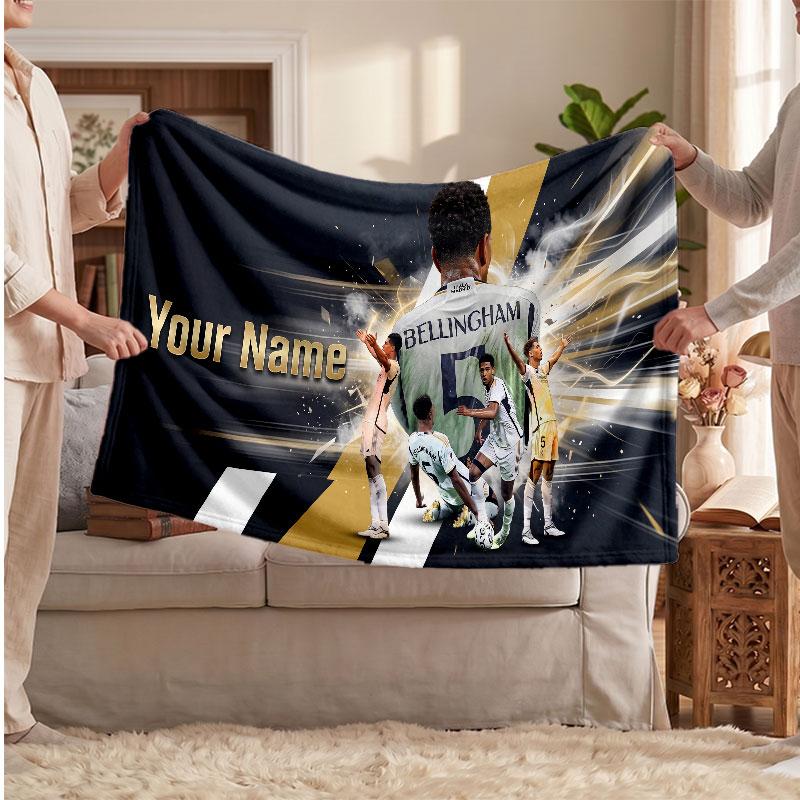 Jude Bellingham Personalized Fleece Blanket With Football Logo, Custom Name Text Soft Warm Home Throw Blanket