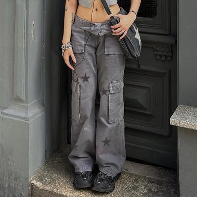 Kawaii Women Jeans Buckle Vintage Denim Pants Korean Fashion