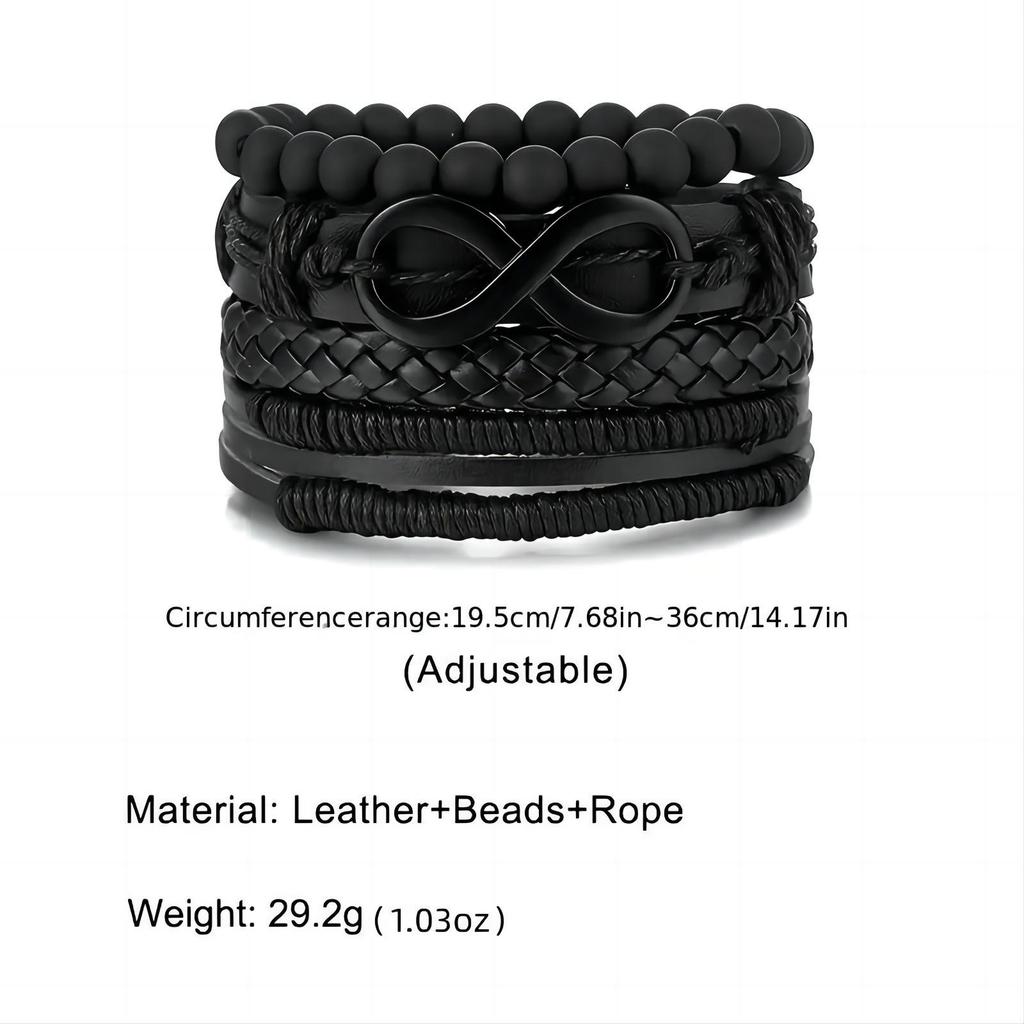 Personalized 4-Piece Black Bead & Leather Bracelet Set for Girls & Boys – Perfect for Parties & Festivals