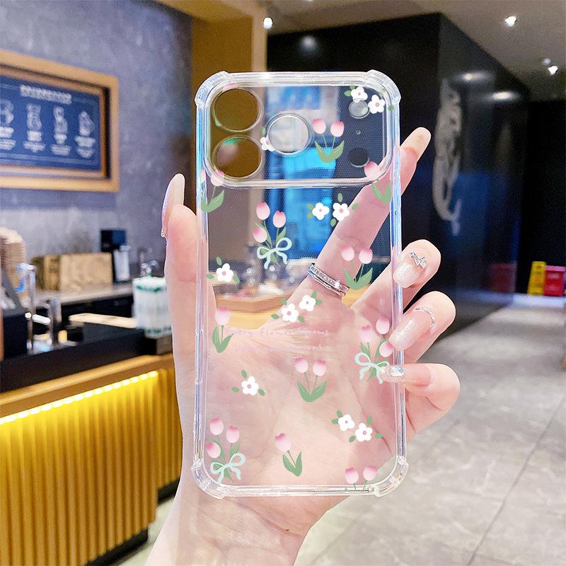 Special for Fresh Pink and White Flower Transparent Mobile Phone Case iPhone15promax Four-corner Anti-drop Case