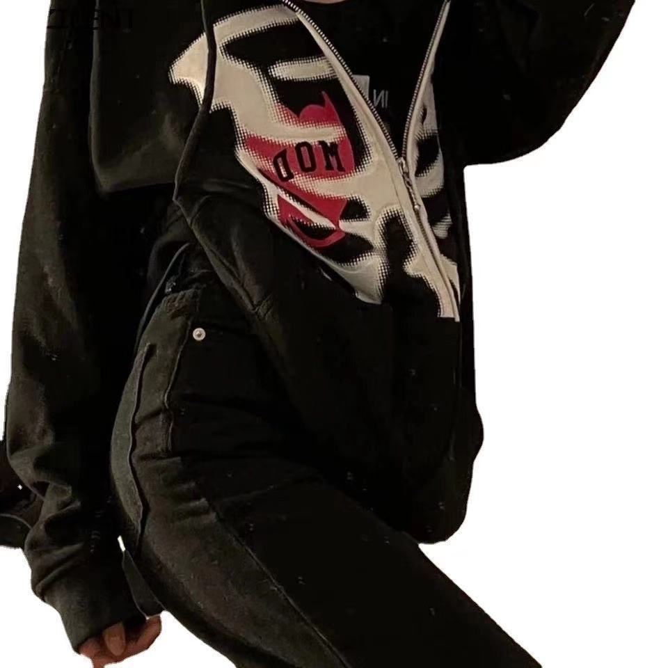 2023 European and American New Hoodie Skull Hiphop Sweater Women's Loose Street Sports Zipper Cardigan Y2k Jacket