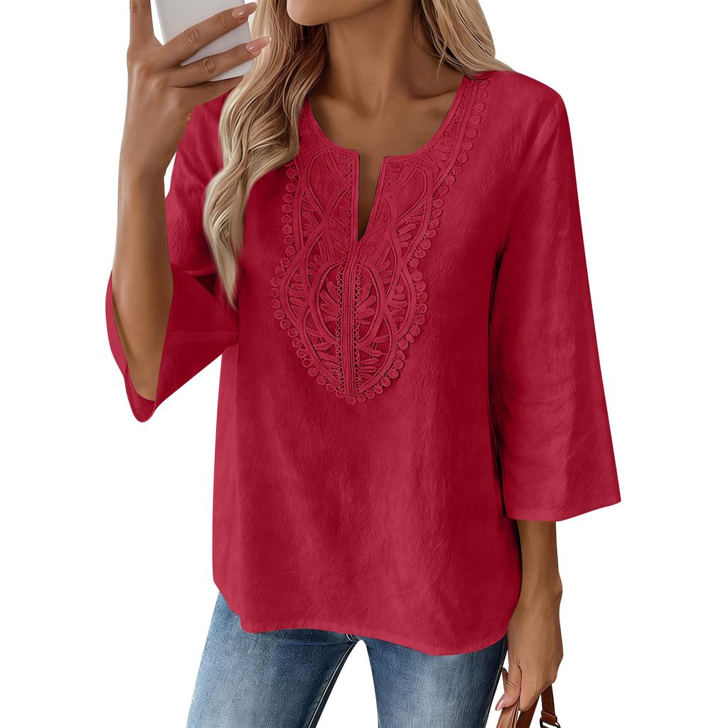 Blusa Casual da Donna con Maniche a 3/4 Ricamata, Vestibilità Larga, Tunica con Scollo a V Spaccato per l'Uso Quotidiano, Stile Comodo