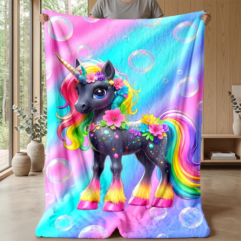 Colorful Magical Unicorn Blanket Personalized Name Flannel Blanket Soft Cozy Plush Throw for Sofa Bed Lightweight Home Decor