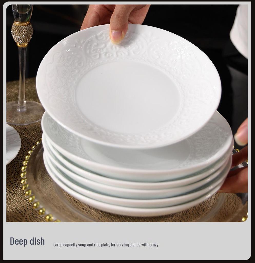 High-End Light Luxury Relief Porcelain Dinnerware Set - Simple White Design