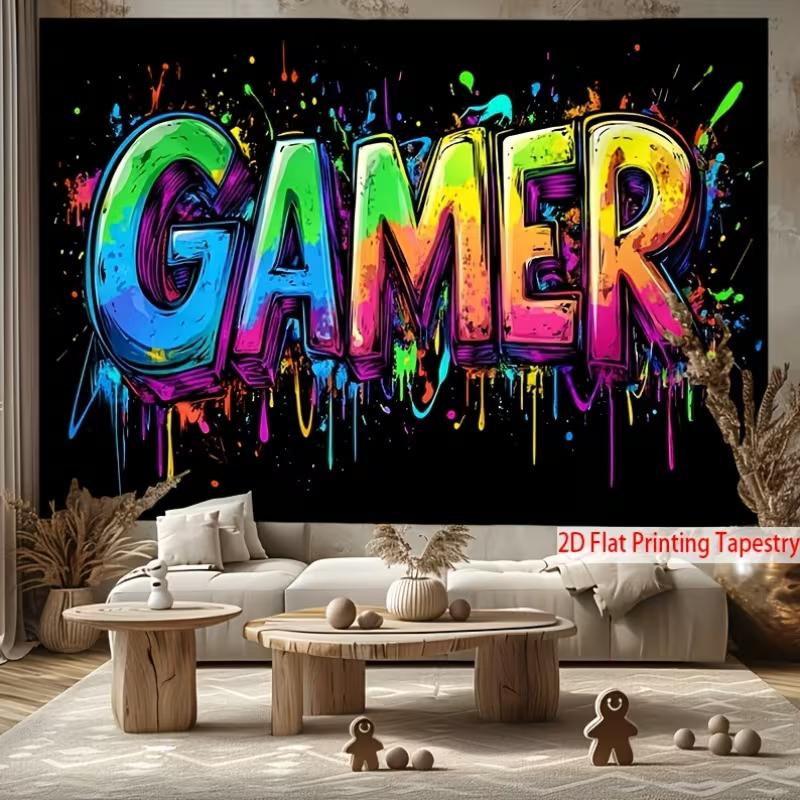 2D Neon Gamer Tapestry with Vibrant Multicolor GAMER Word Art and Abstract Splatter 47.2x31.5inch/120*80cm