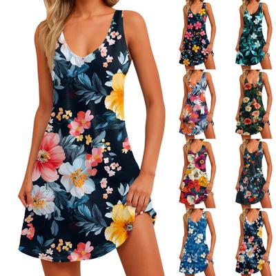 Damenkleid mit Blumendruck, Weste, Rock mit Taschen, Strandrock, Westenrock mit V-Ausschnitt