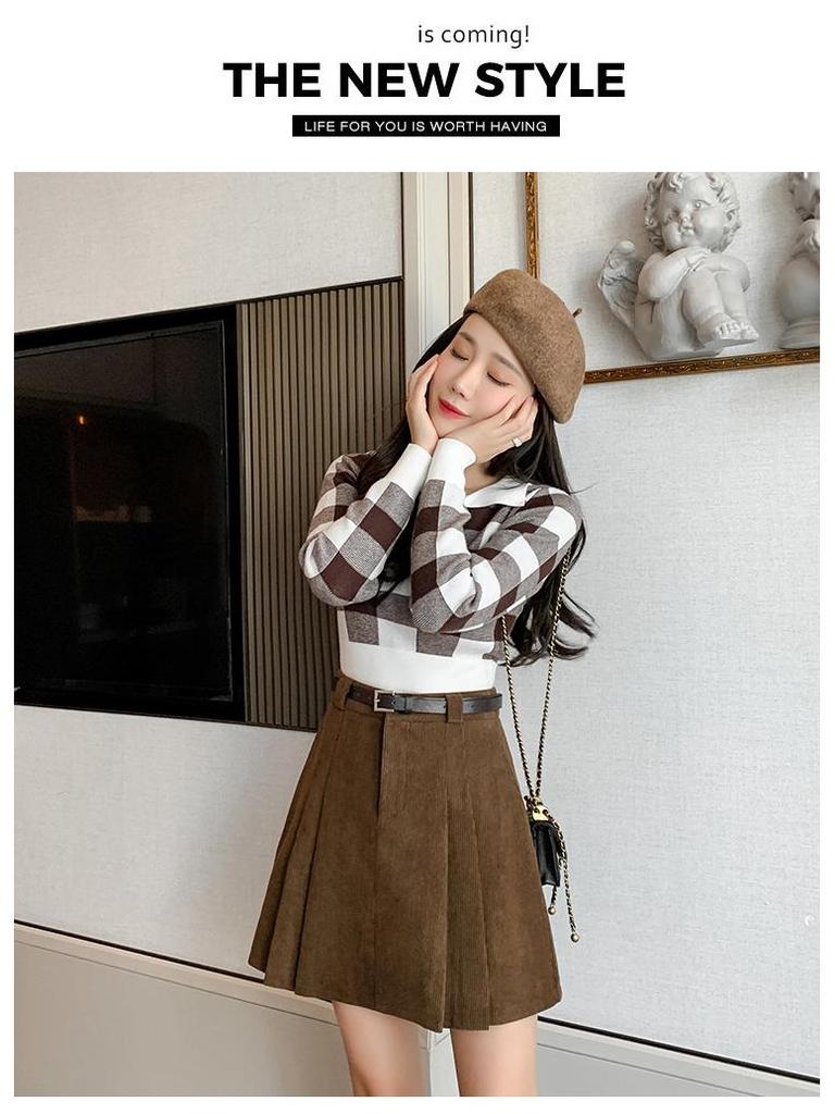 Women's High-Waisted Corduroy Wool Pleated A-line Skirt with Anti-Exposure Shorts - 2025 Autumn/Winter Collection